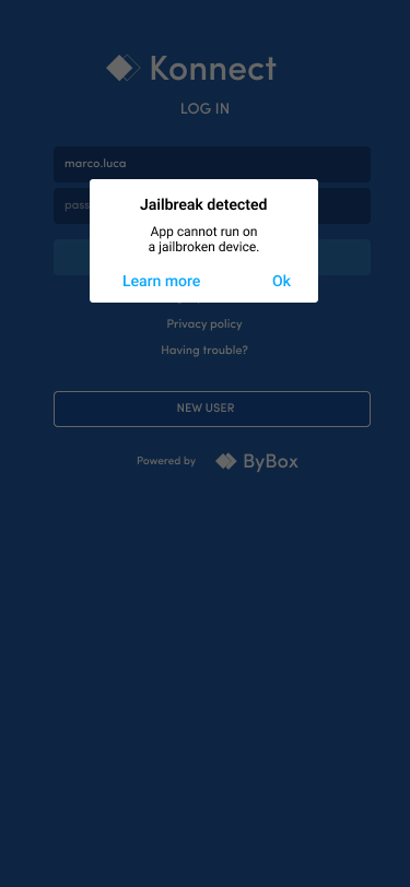 Jailbreak detected screenshot with the error message 'App cannot run on a jailbroken device'